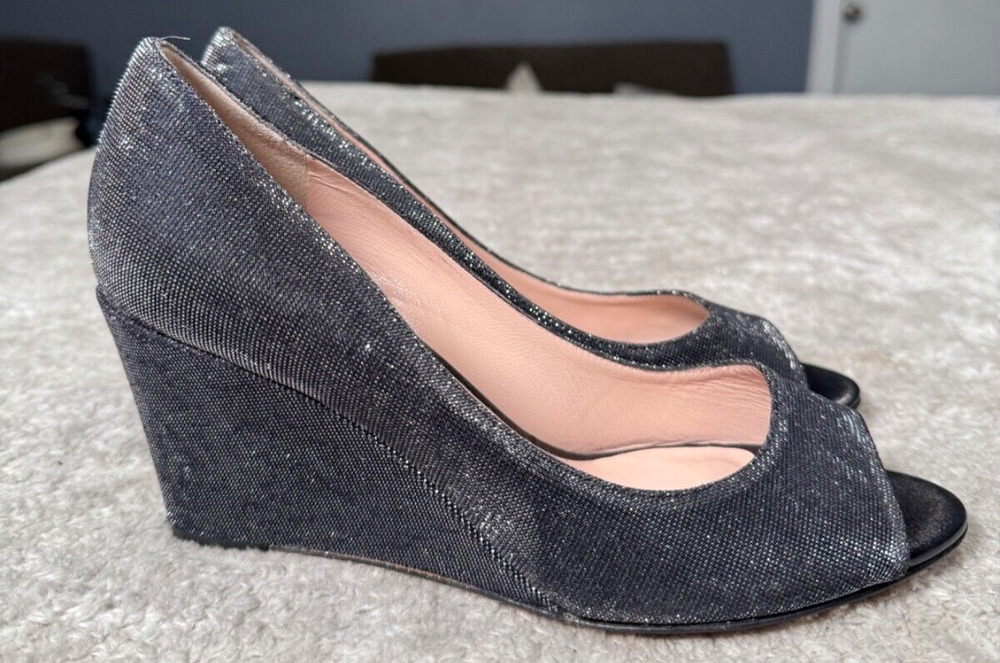 Kate Spade New York Radiant Black Glitter Peep Toe Wedge Heels Womens Size 6.5